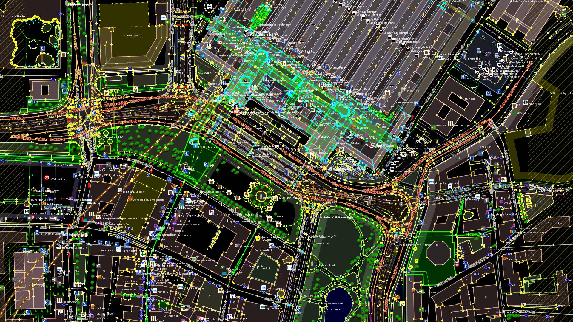 Vorplatz des Leipziger Hauptbahnhofes, Rohdaten von OpenStreetMap, visualisiert mit JOSM.